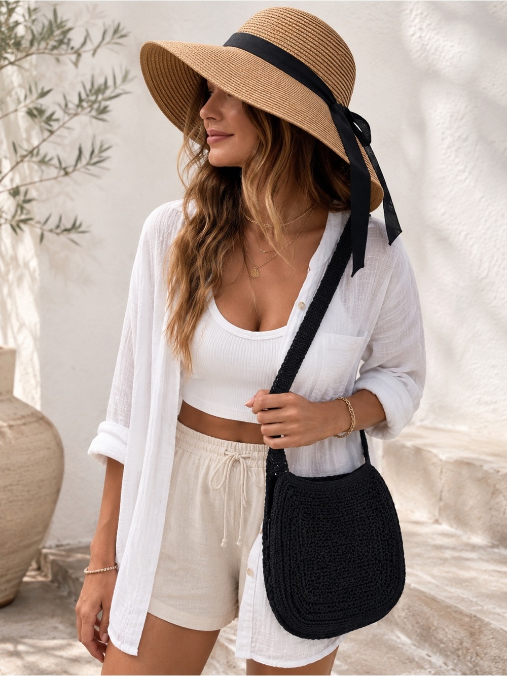Fiona Woven Crochet Crossbody Bag - Black